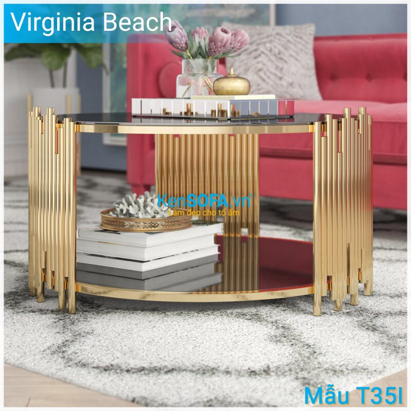 Bàn sofa T35I Virginia Beach GOLD INOX mặt kiếng 2 tầng