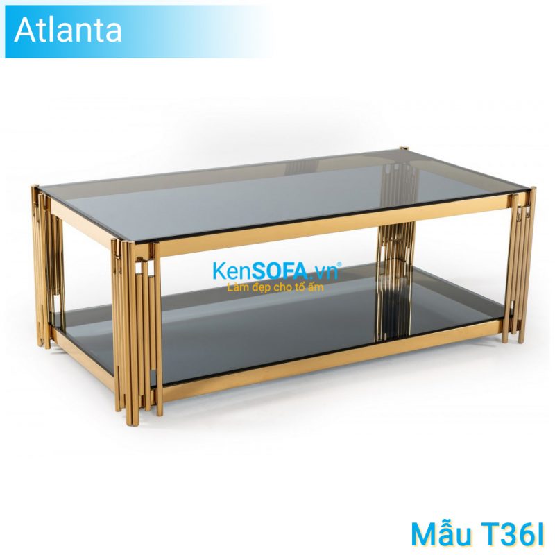 Bàn sofa T36I Atlanta GOLD INOX mặt kiếng 2 tầng