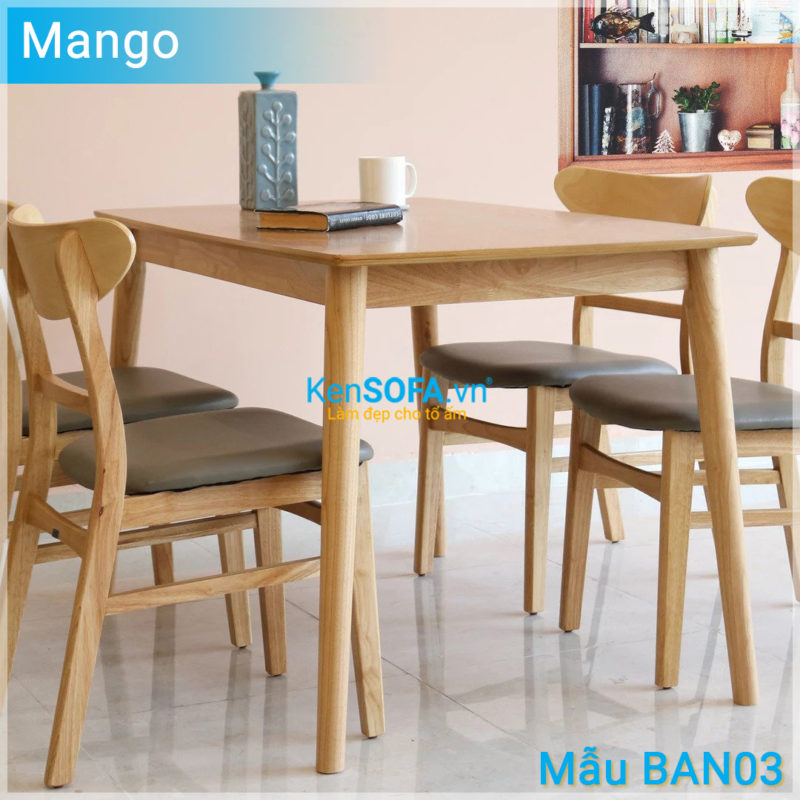 Bộ bàn ăn BA03 Mango 4 ghế màu gỗ tự nhiên