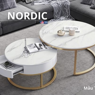 Cặp bàn tròn sofa T46D mặt đá có hộc tủ - Nordic