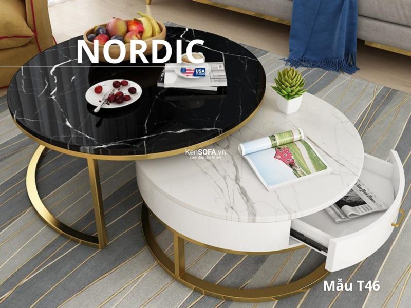 Cặp bàn tròn sofa T46D mặt đá có hộc tủ - Nordic