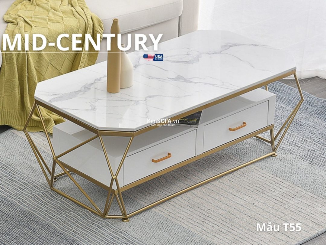 Bàn sofa T55D mặt đá hộc tủ Mid-Century