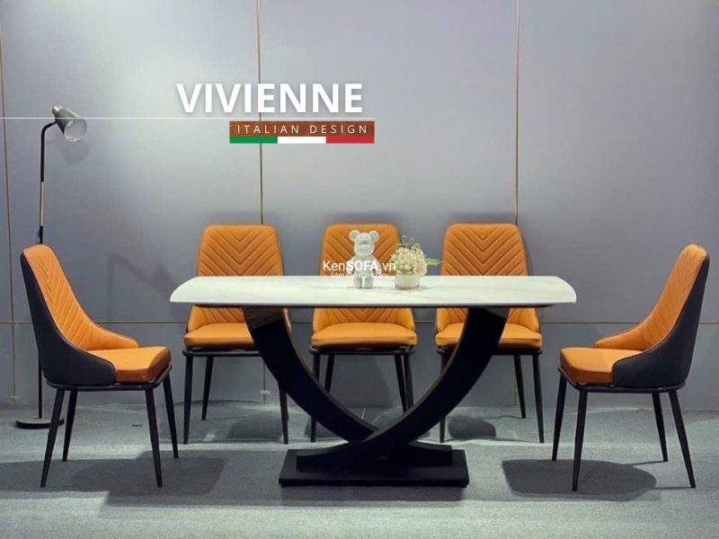 Bộ bàn ăn Vivienne mặt đá 6 ghế Louis