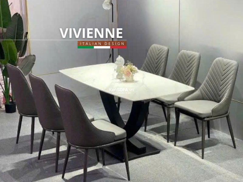 Bộ bàn ăn Vivienne mặt đá 6 ghế Louis