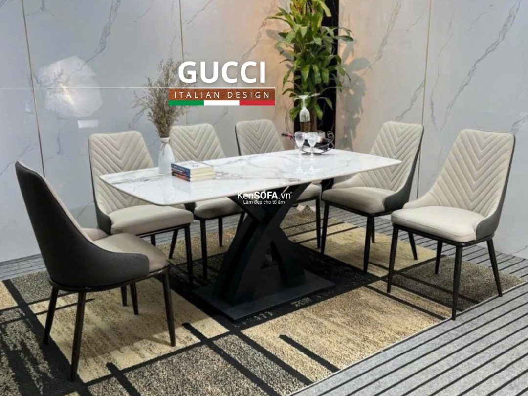 Bộ bàn ăn Gucci mặt đá 6 ghế Louis