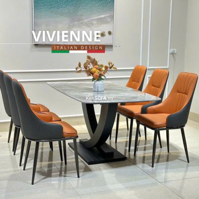 Bộ bàn ăn Vivienne mặt đá 6 ghế Louis