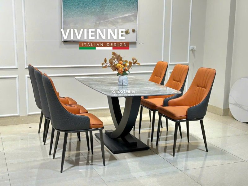 Bộ bàn ăn Vivienne mặt đá 6 ghế Louis